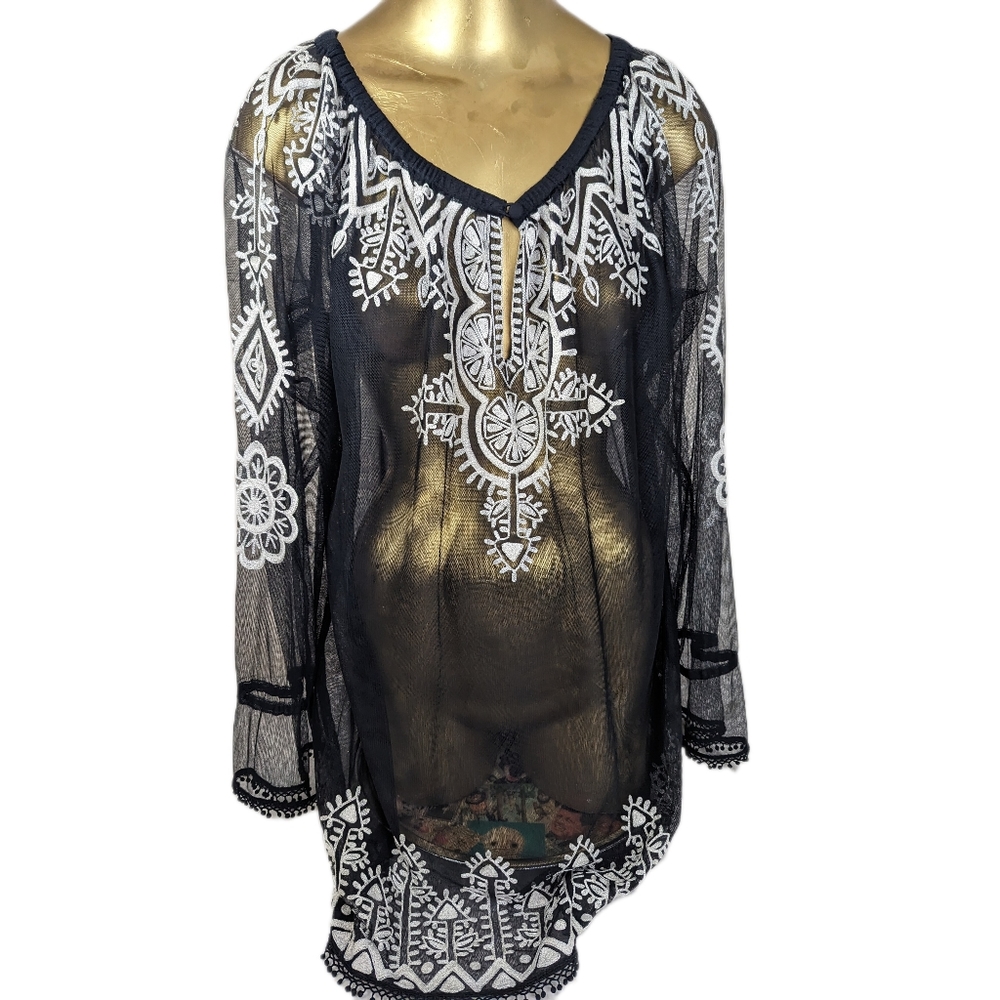 Roja Stunning Hand Stitched and Embroidered  Sheer Black Tunic Large